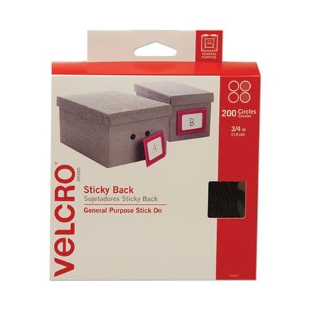 Velcro Brand Velcro, STICKY-BACK FASTENERS, REMOVABLE ADHESIVE, 0.75in DIA, BLACK, 200PK 91823